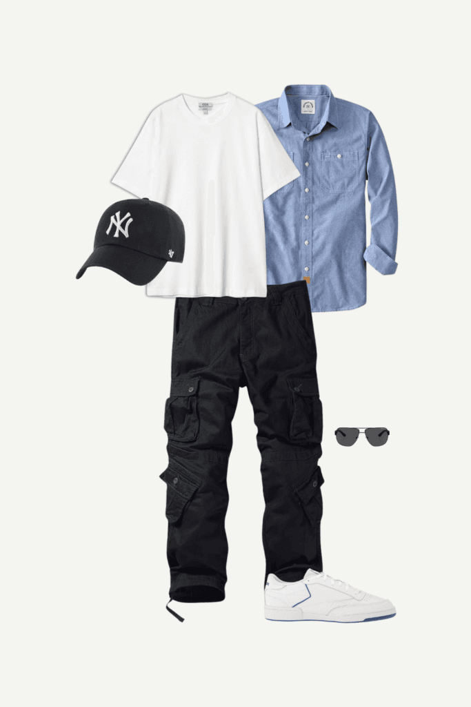Casual spring outfit for men with white T-shirt, denim shirt, cargo pants, and white sneakers.
