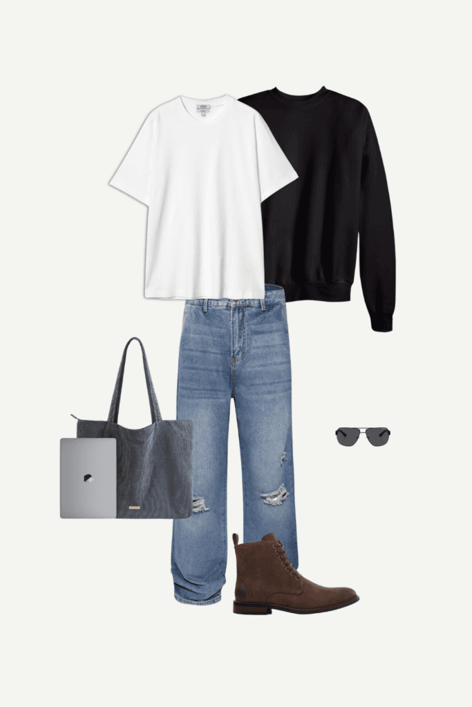 Casual spring outfit for men with white T-shirt, black sweater, blue ripped jeans, brown boots, gray tote, and black sunglasses.