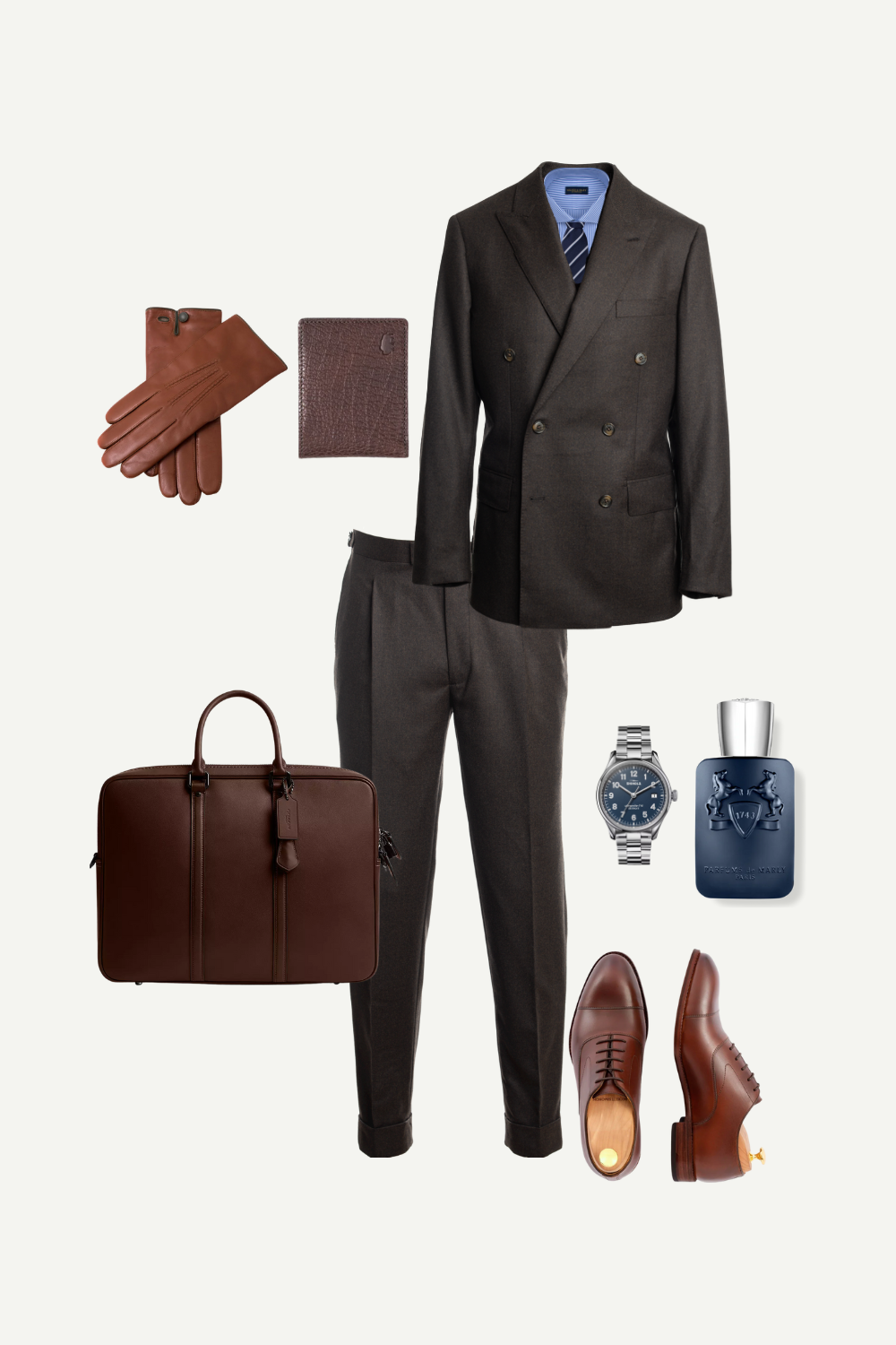 Sophisticated men’s business outfit with brown suit, blue tie, and leather accessories