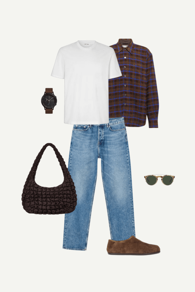 Smart casual code dress for men featuring brown plaid flannel, white tee, wide-leg jeans, tabi shoes, and minimalist accessories.