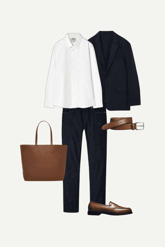 Smart-casual spring outfit featuring a black linen blazer, white Oxford shirt, dark-wash jeans, tan penny loafers, brown tote bag, and brown leather belt – styled for men’s chic spring layering.