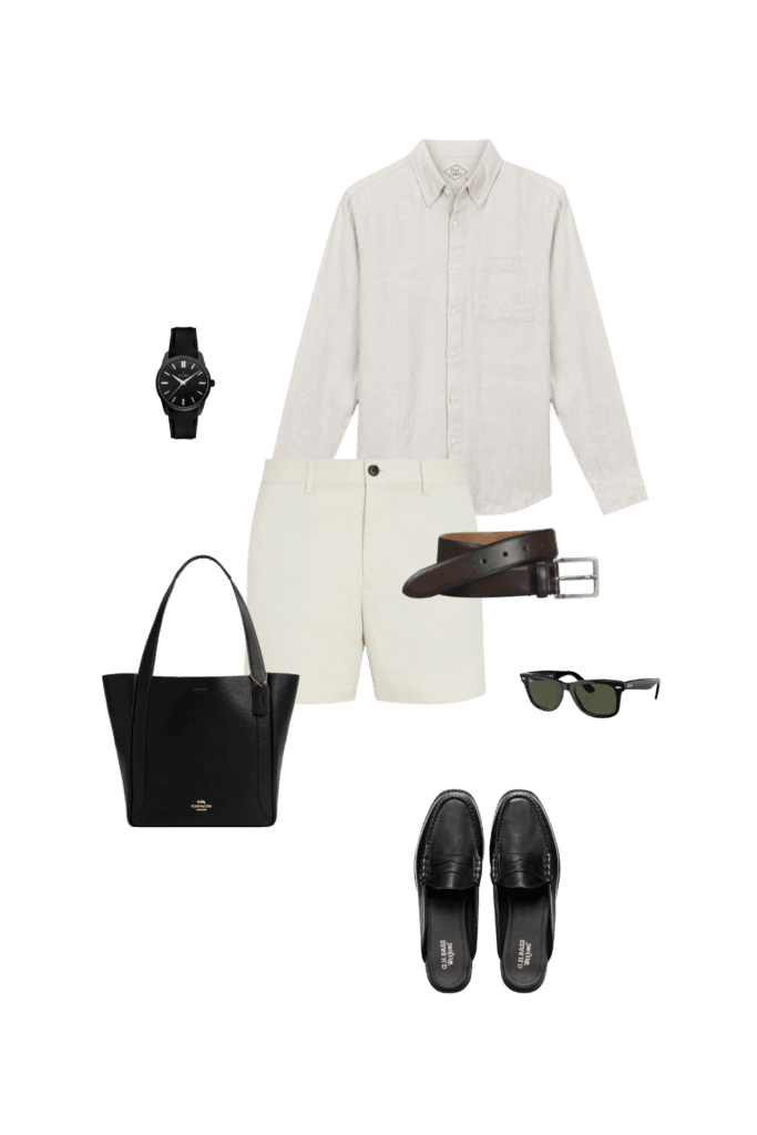 Men’s smart-casual summer outfit featuring a natural linen shirt, white tailored shorts, black loafers, a Coach black tote, black leather strap watch, and Ray-Ban Wayfarer sunglasses.