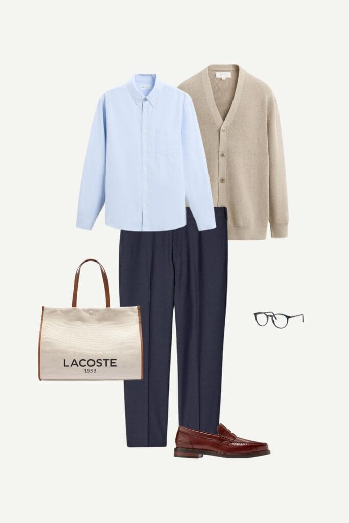 Flat lay of a men's smart casual spring outfit featuring a beige cotton-blend cardigan from Zara, a sky blue oxford shirt from Zara, navy smart ankle pants from Uniqlo, Cole Haan penny loafers from DSW, a canvas shopping bag from Lacoste, and shiny transparent blue eyeglasses from Polo Ralph Lauren.