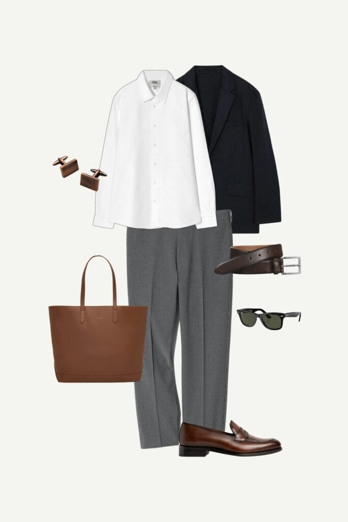 Men’s smart casual spring outfit featuring a navy linen blazer, white oxford shirt, gray ankle pants, brown leather loafers, tote bag, belt, cufflinks, and Ray-Ban sunglasses