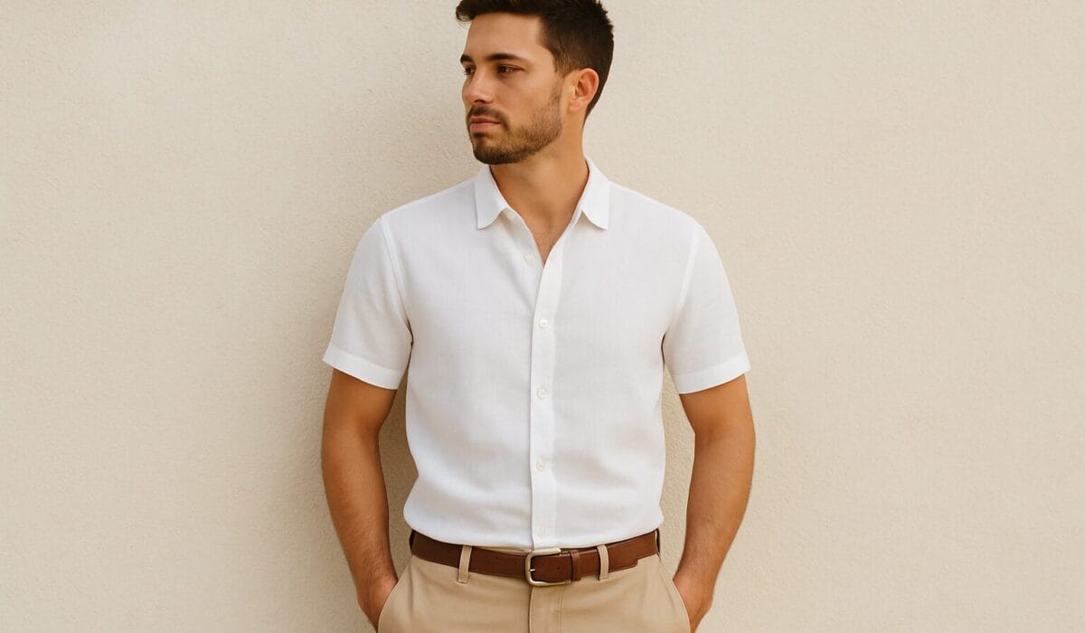 Young man wearing a slim fit linen shirt, standing outdoors in sunlight, surrounded by summer greenery, showcasing a relaxed and stylish look.