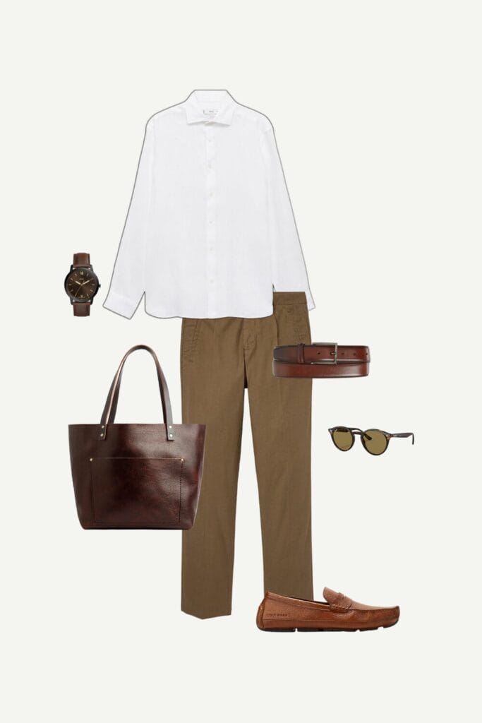 Flat lay of a men’s smart casual summer outfit featuring a slim-fit white linen shirt from Mango, brown coastal linen pants by Bonobos, tan penny driver loafers from Cole Haan, a coldbrew leather tote bag from Portland Leather Goods, Ray-Ban brown sunglasses, a brown leather Fossil watch, and a chestnut burnished leather belt from Nordstrom.