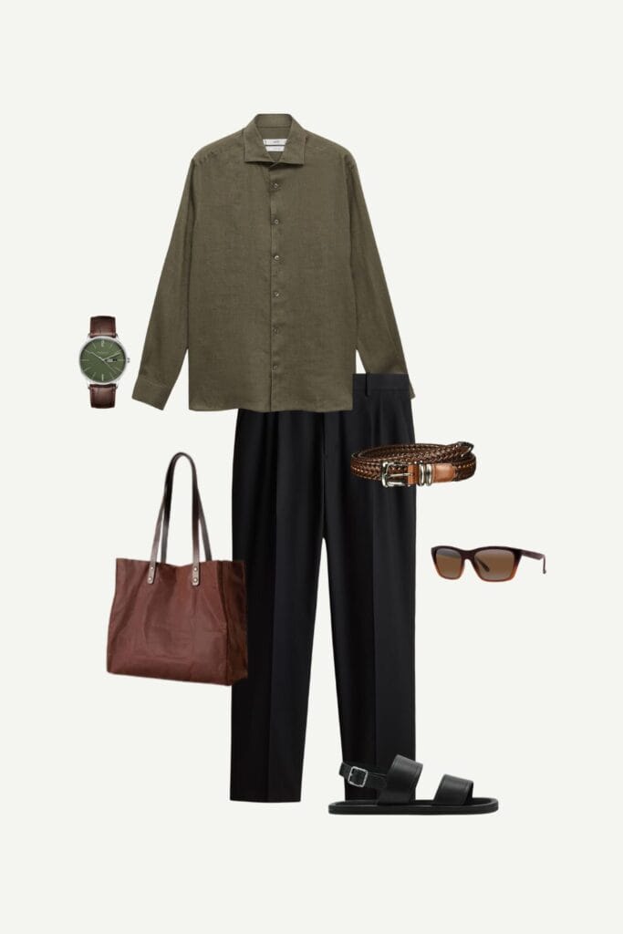 Flat lay of a smart casual summer outfit including an olive linen shirt, black linen-blend trousers, leather sandals, waxed cotton tote, Vuarnet sunglasses, Sternglas watch with brown leather strap, and a tan woven belt.
