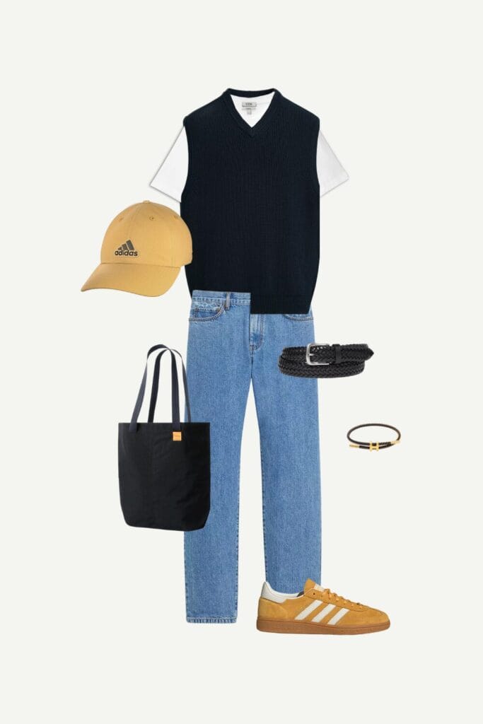 Flat lay of a smart casual summer outfit for men including a black ZARA textured knit vest, COS white t-shirt, Coach Outlet straight fit denim jeans, yellow Adidas sneakers, matching yellow Adidas cap, Bellroy black city tote from Amazon, Uniqlo black leather mesh belt, and an adjustable bracelet from Amazon.
