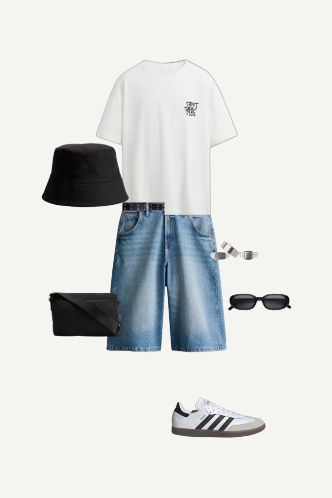 Flat lay of a casual summer streetwear outfit for men featuring a white graphic T-shirt, baggy light-wash denim shorts, black bucket hat, Adidas Samba sneakers, a nylon crossbody bag, silver rings, sunglasses, and a grommet belt—perfect for everyday laid-back style.
