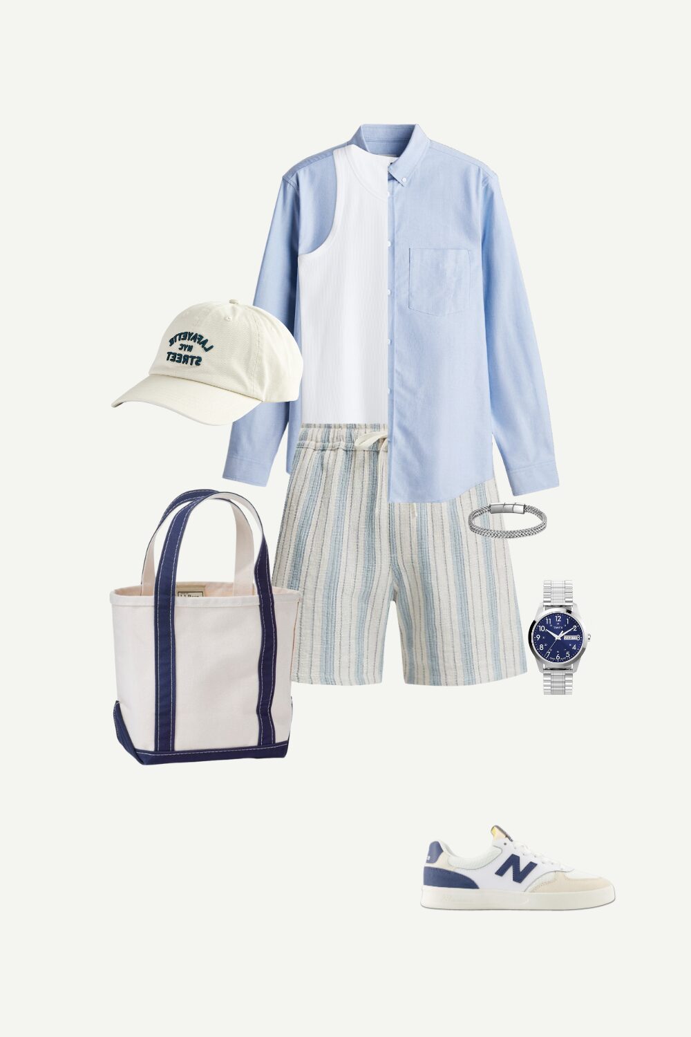 Casual summer men’s outfit with a blue oxford shirt layered over a white ribbed tank, striped drawstring shorts, New Balance sneakers, a beige dad hat, canvas tote with navy trim, a Timex sport watch, and a stainless steel bracelet—perfect for relaxed warm-weather days