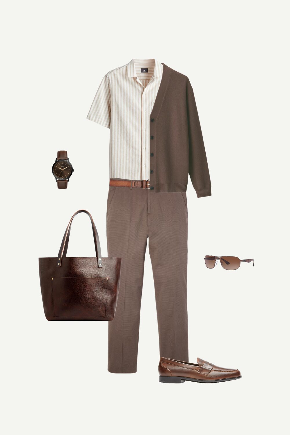 Business casual summer outfit for men with a striped short-sleeve linen-blend shirt, MUJI cardigan, dark brown Bonobos pants, and Rockport loafers—styled with a leather tote, Fossil watch and belt, and brown Ray-Ban sunglasses.