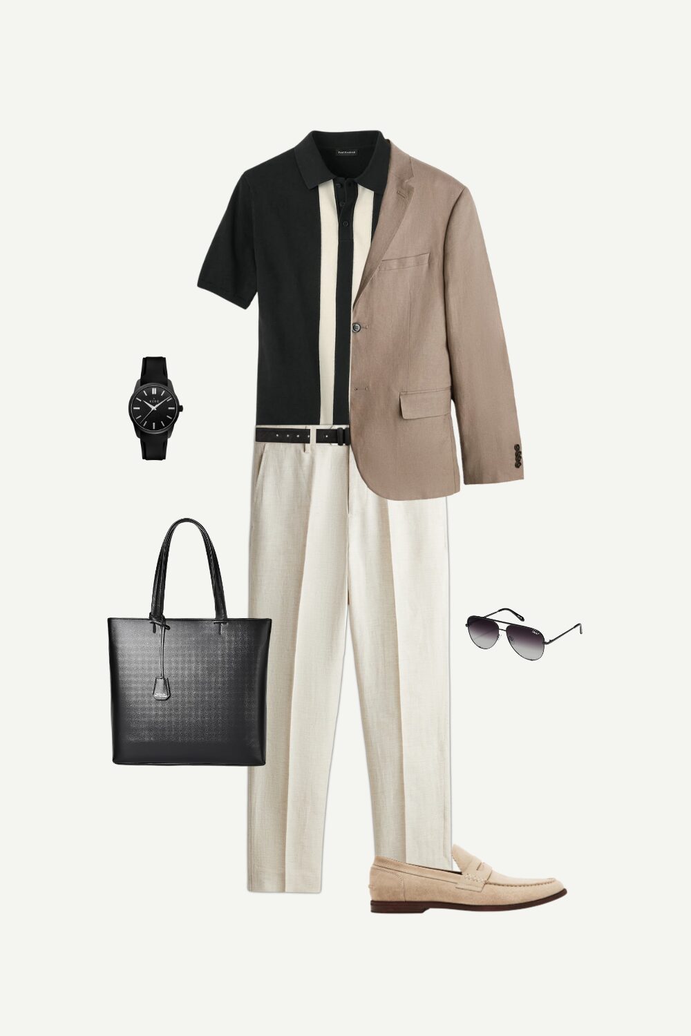 Men’s business casual summer outfit featuring a dark beige linen blazer, striped black polo, beige tailored pants, suede loafers, and a black leather tote.