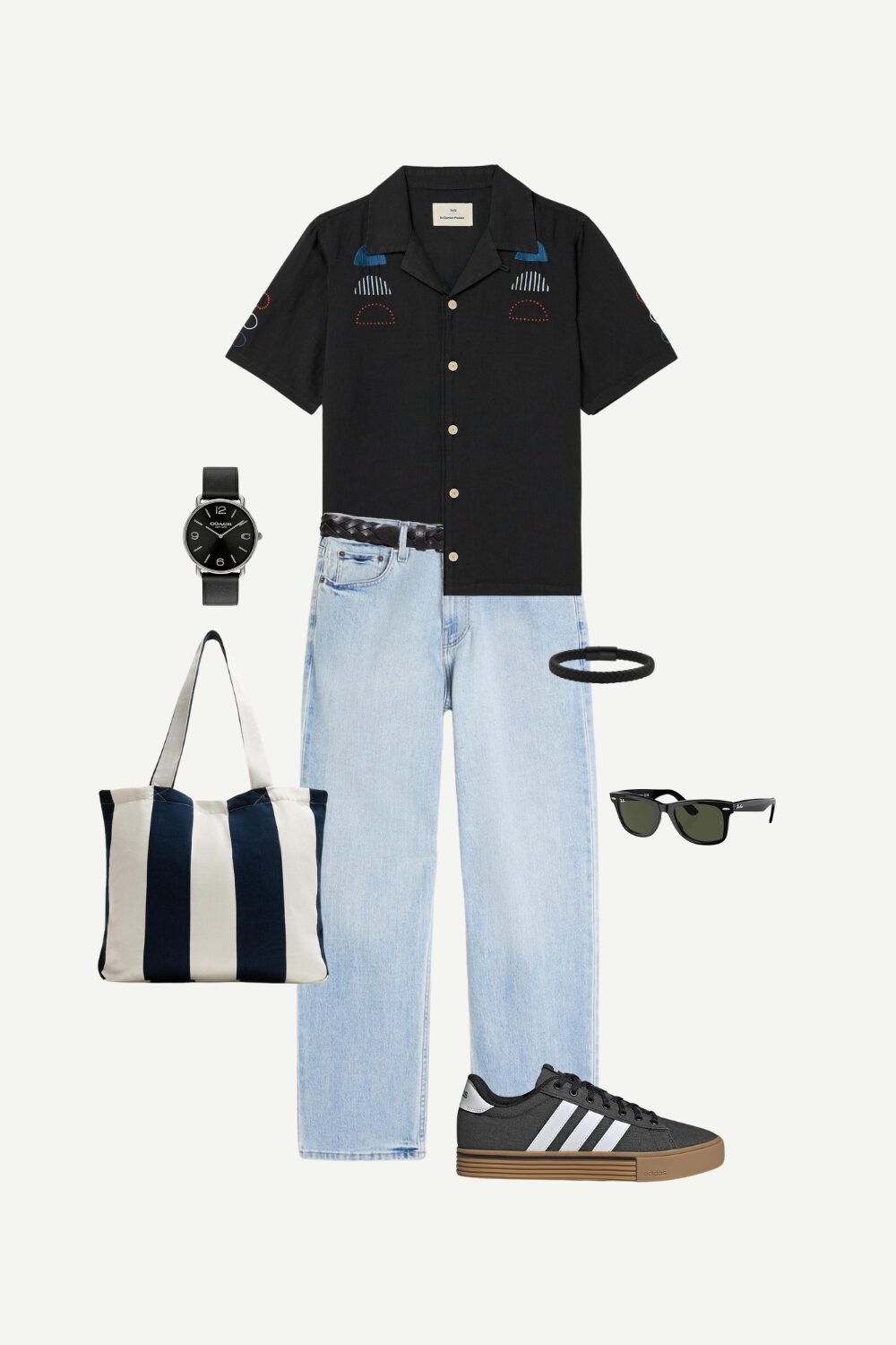 A laid-back summer outfit for men featuring a black camp collar shirt, light wash jeans, black sneakers, and stylish accessories.
