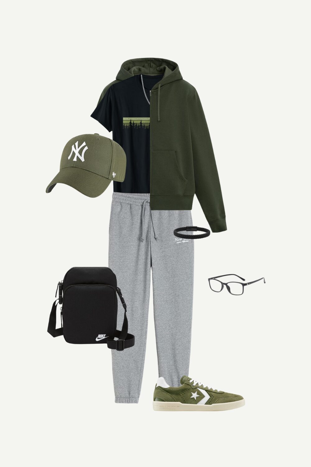 Flat lay of a men’s summer streetwear outfit featuring an olive green zip hoodie, black graphic tee, grey joggers, olive sneakers, cap, and accessories.