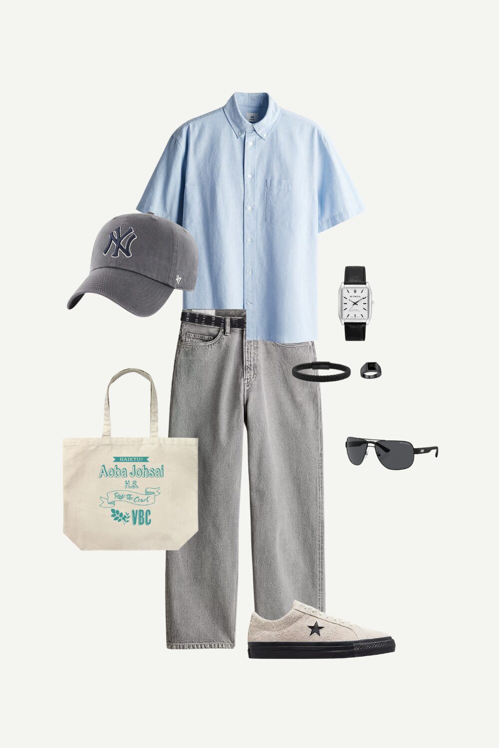 A casual men’s summer streetwear outfit featuring a light blue Oxford shirt, baggy black jeans, beige sneakers, a graphic tote, and street-style accessories.