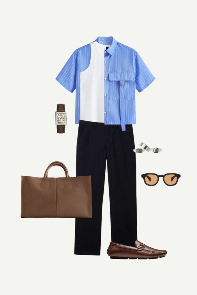 Men's smart casual summer outfit featuring OYOANGLE striped button-down crop shirt, Lacoste cotton twill pants, Bruno Marc driving penny loafers, Zarahome leather mini tote bag, Polette sunglasses, Fossil watch, and H&M rings.