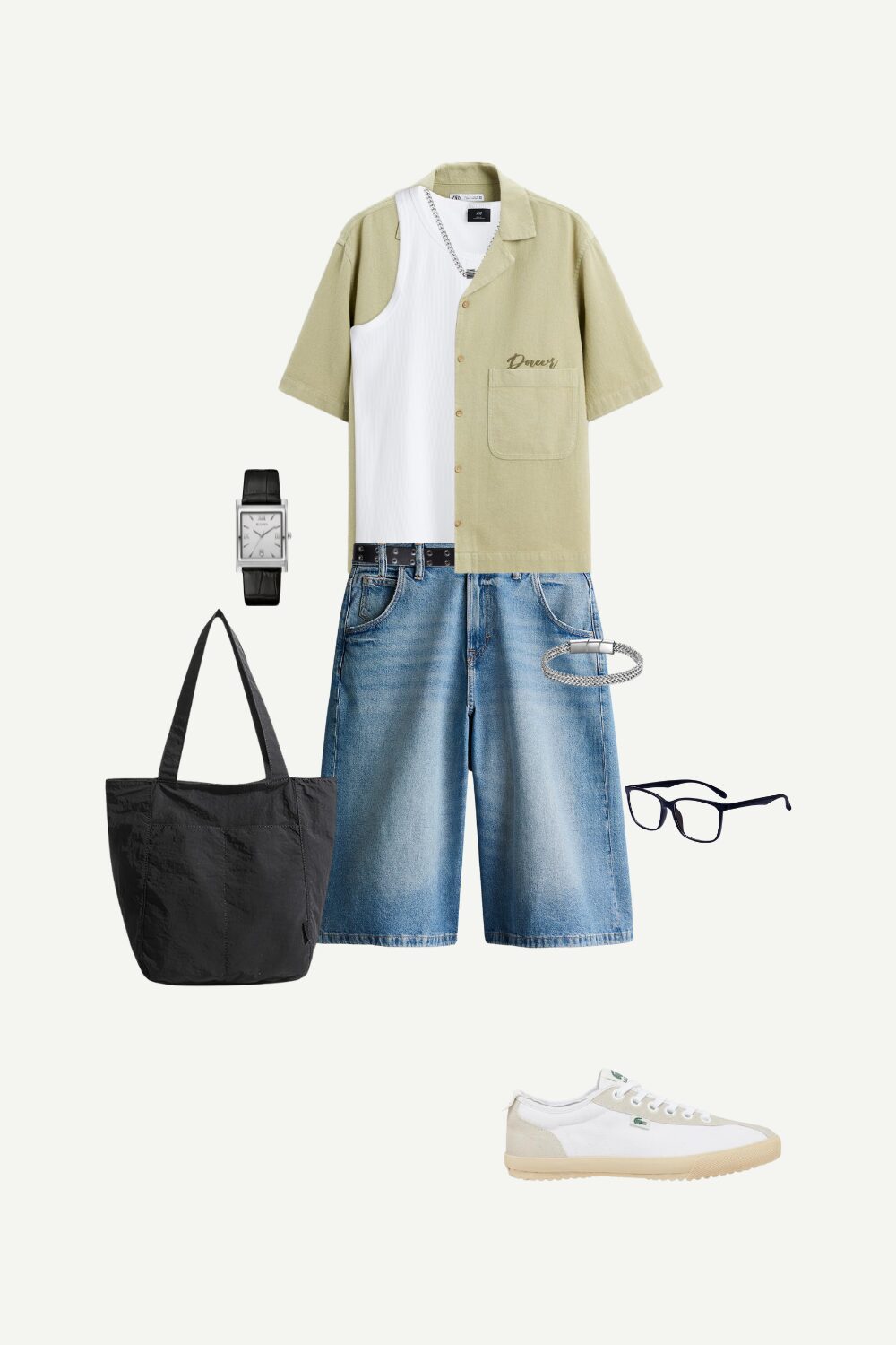 Flat lay of men’s casual summer streetwear outfit featuring a light khaki shirt, ribbed tank, baggy denim shorts, canvas sneakers, and street accessories.