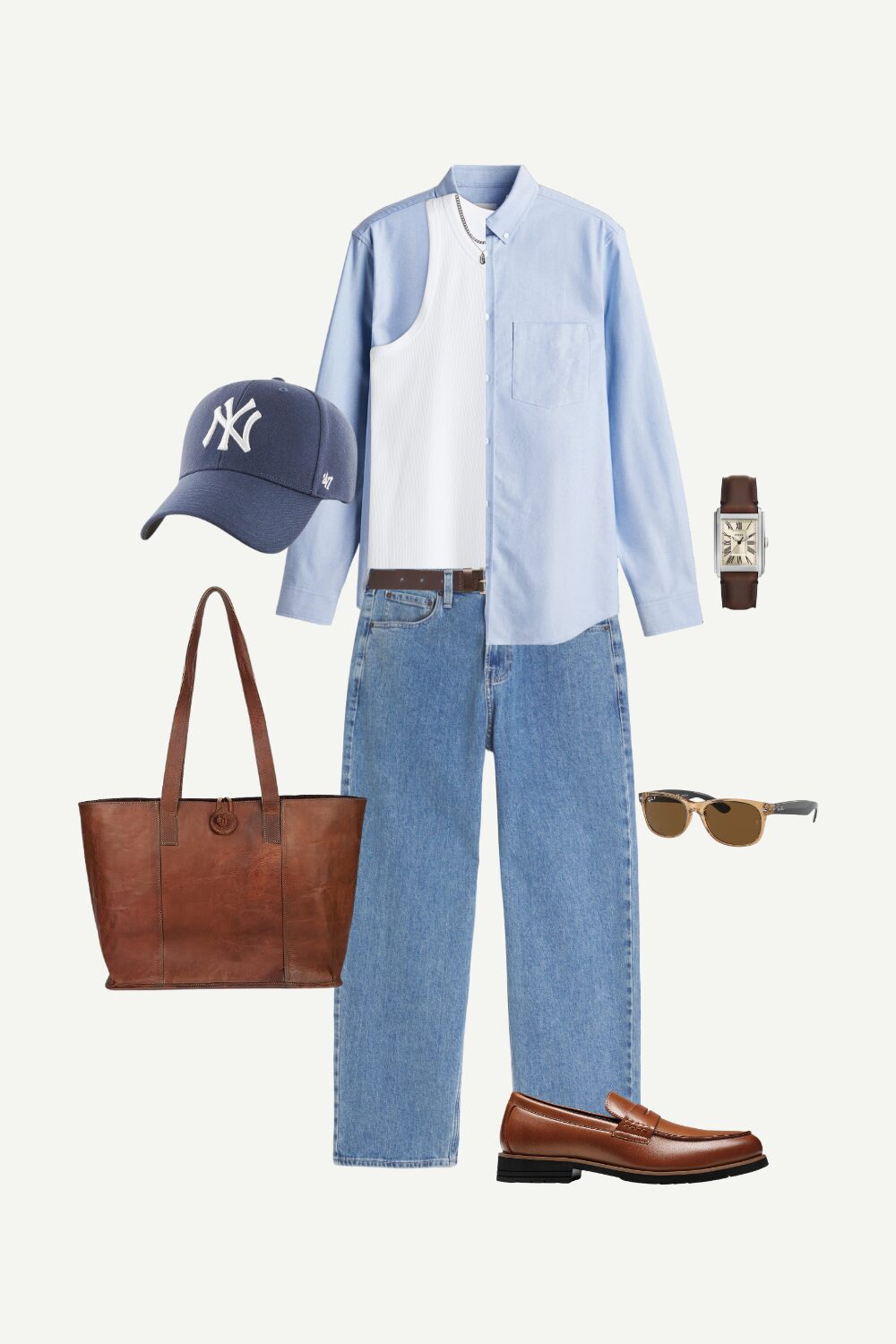 Flat lay of a men’s smart casual summer outfit featuring a light blue oxford shirt, ribbed tank, baggy jeans, Yankees cap, loafers, tote bag, and accessories.