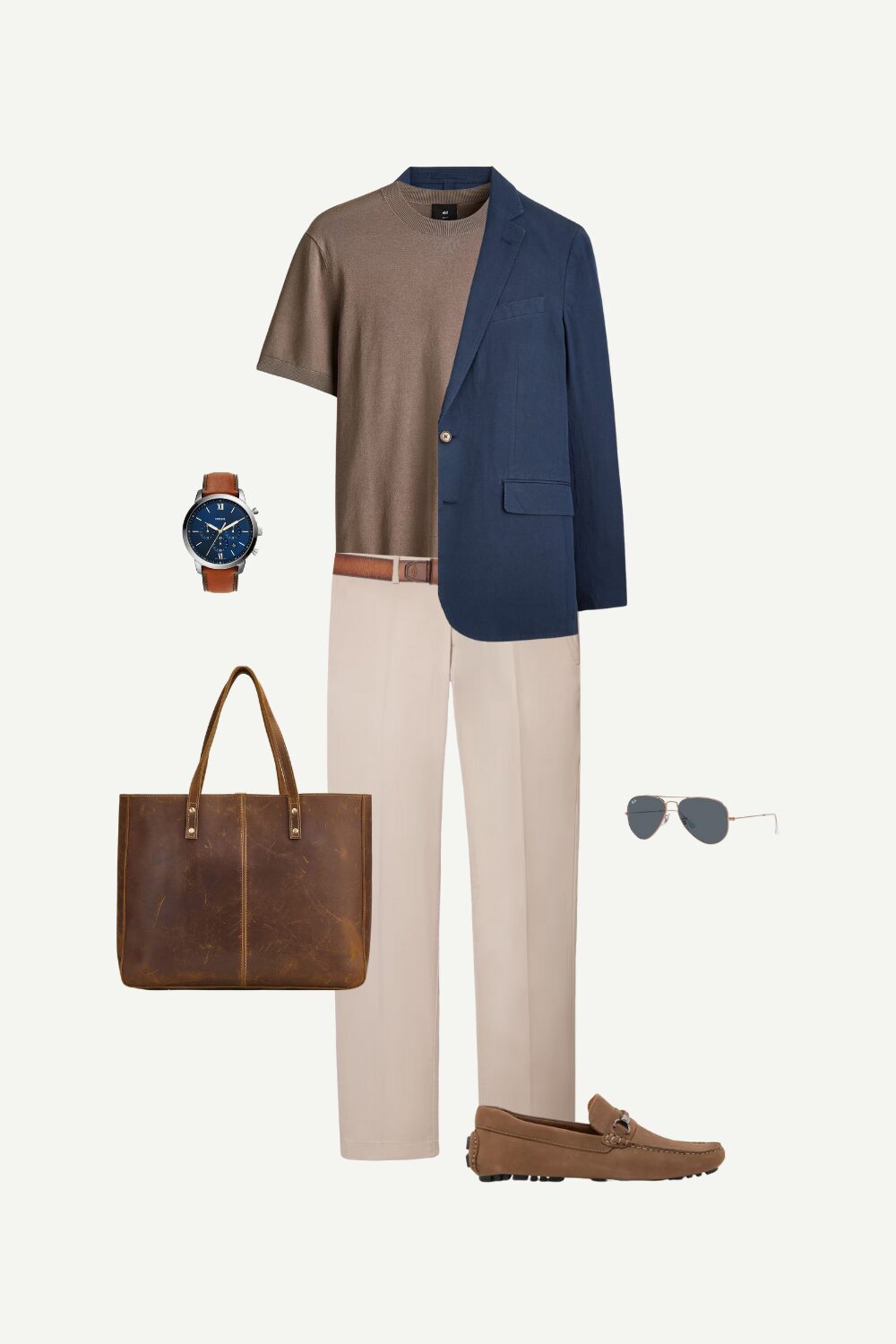 Men’s business casual summer outfit with a navy J.Crew blazer, dark beige knit T-shirt, beige Bonobos trousers, and brown Nordstrom loafers – a stylish yet professional summer work look.
