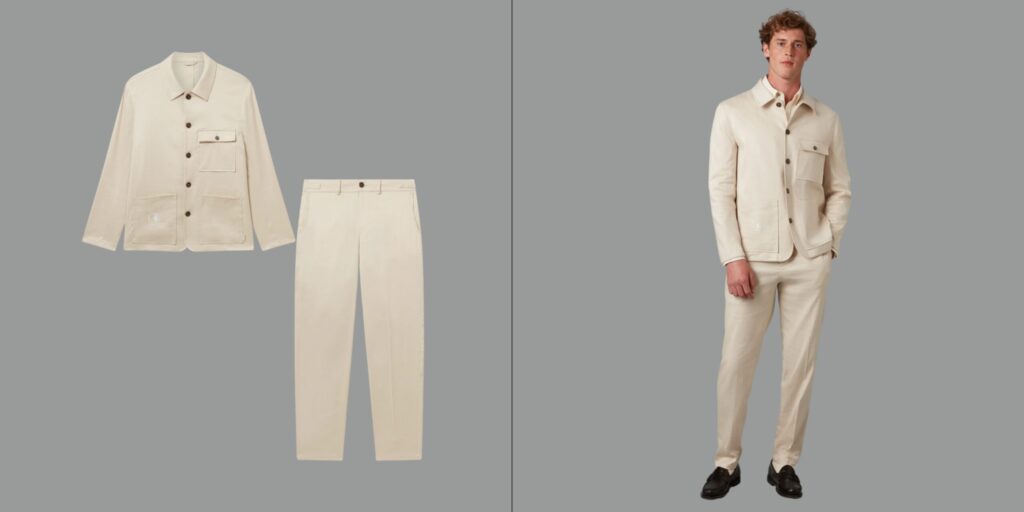 Cream linen suits for men made in Europe, tailored with classic British details and perfect for weddings or business travel.