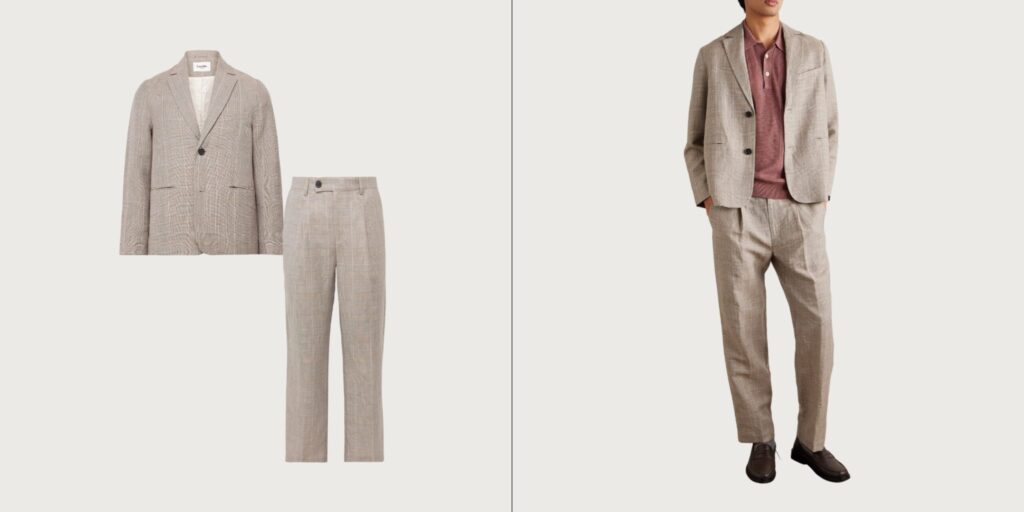 Subtle check-patterned linen and wool blend summer suit for men, designed for weddings, dinner dates, and creative offices.