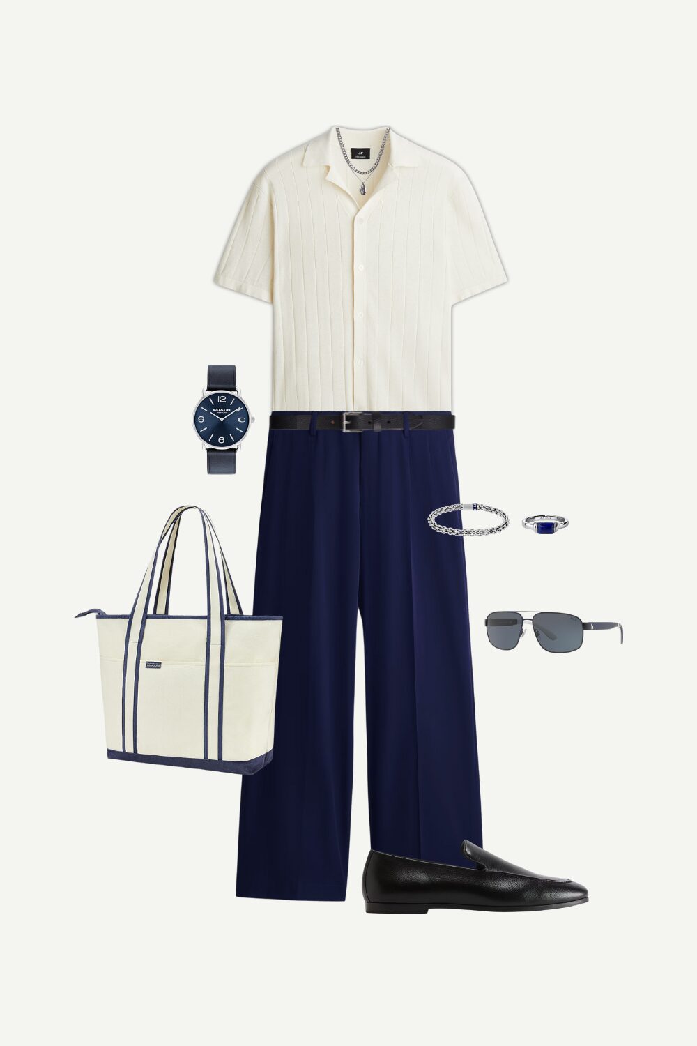 Business casual summer outfit featuring navy tailored trousers, cream linen shirt, leather loafers, canvas tote bag, and accessories for men
