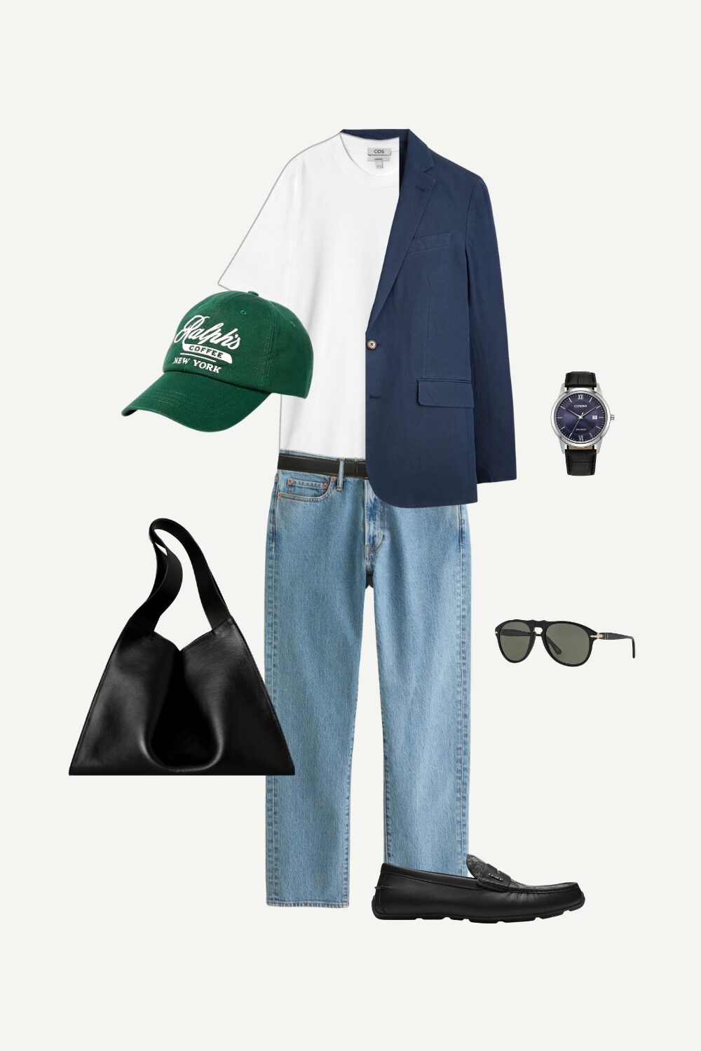 Men’s smart casual summer outfit featuring navy linen blazer, white cotton tee, vintage denim jeans, black driver loafers, and modern accessories.