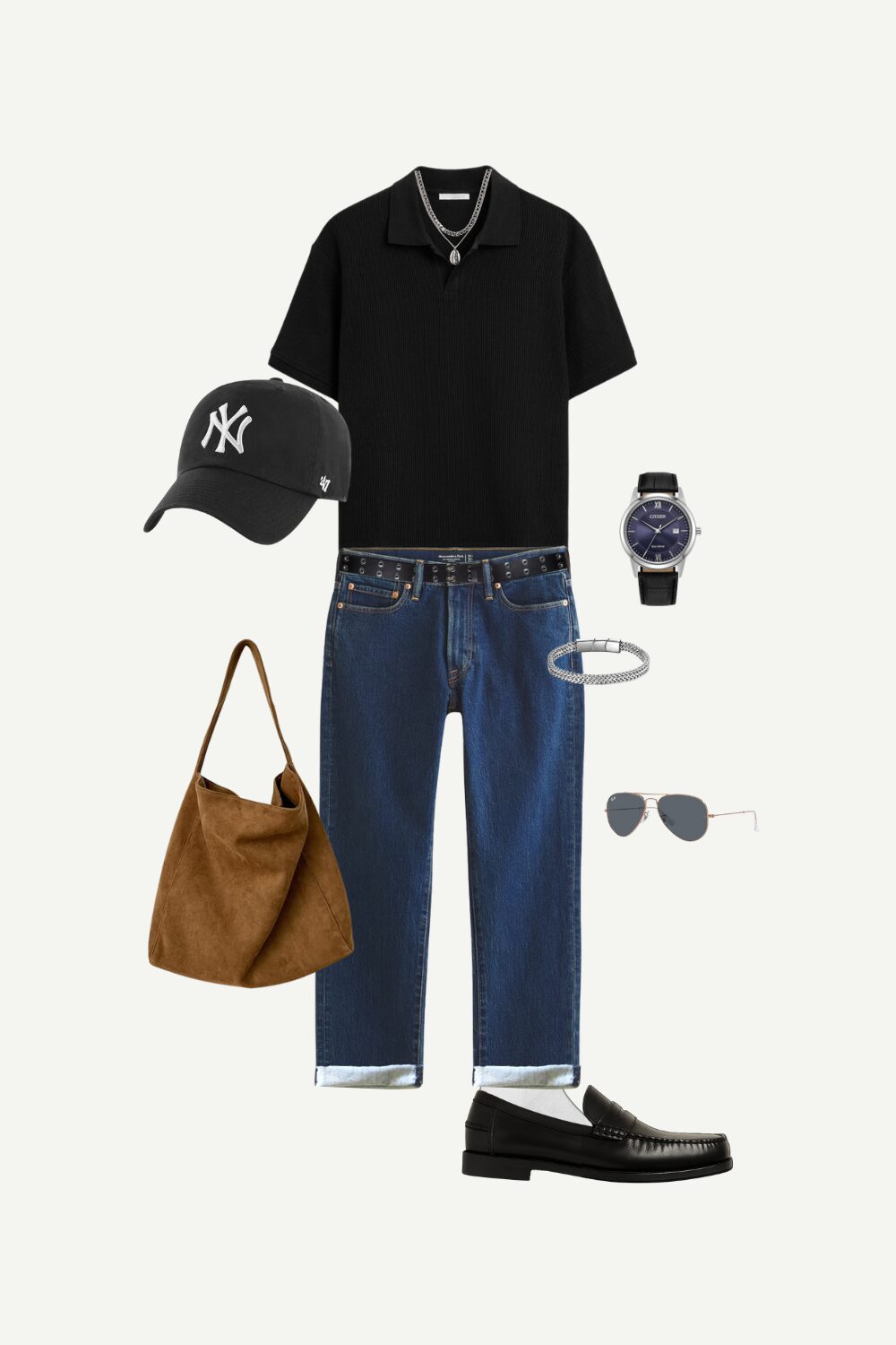 Men's casual summer streetwear outfit featuring black textured polo, dark jeans, loafers, NY cap, and brown suede tote bag.