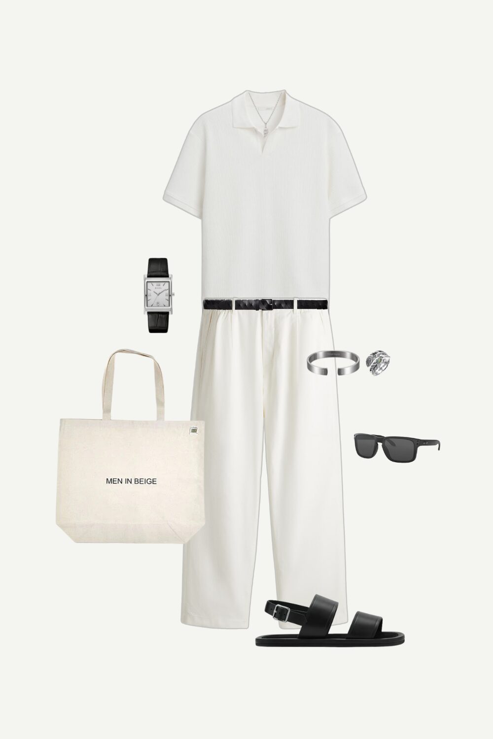 A smart casual summer menswear outfit featuring a white textured polo, relaxed-fit linen-blend pants, black leather sandals, and sleek accessories.