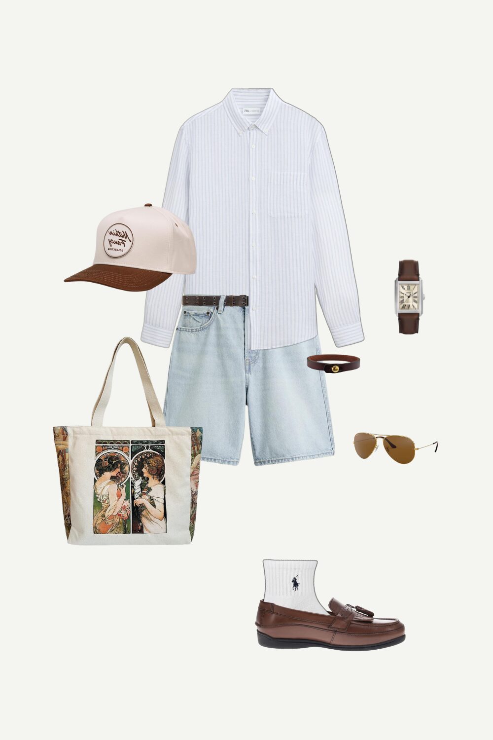 Casual men’s summer outfit featuring a blue striped linen-cotton shirt, denim shorts, brown tassel loafers, and accessories like a cap, tote bag, and sunglasses — perfect for relaxed streetwear fashion.