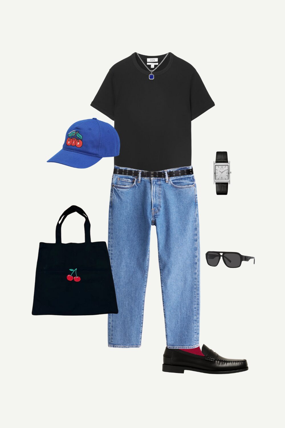 Men’s smart casual outfit with black penny loafers, ribbed black tee, 90s blue jeans, Carhartt cap, red socks, and canvas shoulder bag.