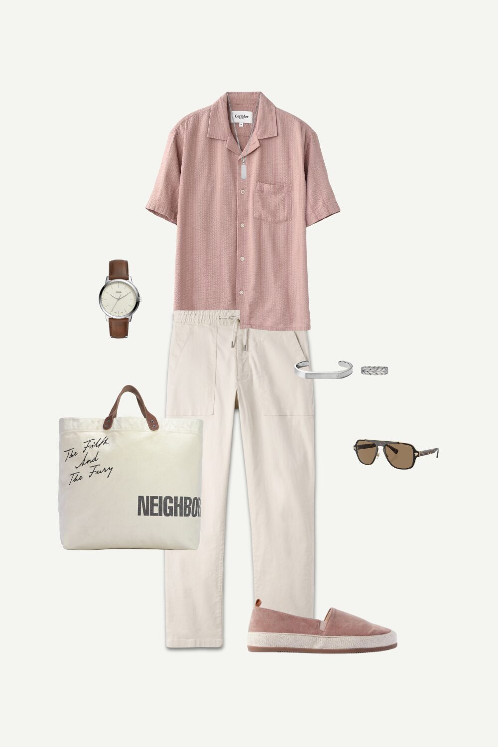Men’s smart casual summer outfit with rose striped seersucker camp collar shirt, beige drawstring pants, espadrilles, and canvas tote bag