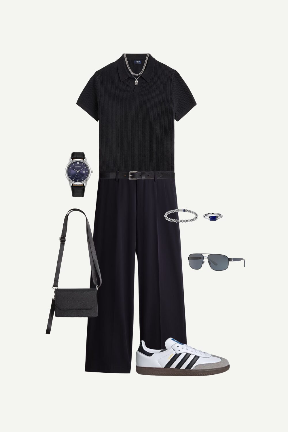 Smart casual weekend outfit featuring navy tailored trousers, black ribbed polo shirt, white sneakers, crossbody bag, and accessories for men