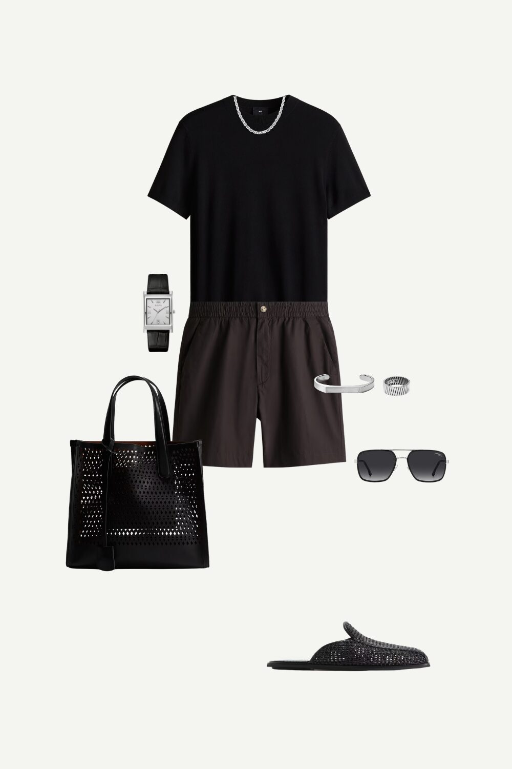 Men's casual weekend outfit with brown shorts and black tee