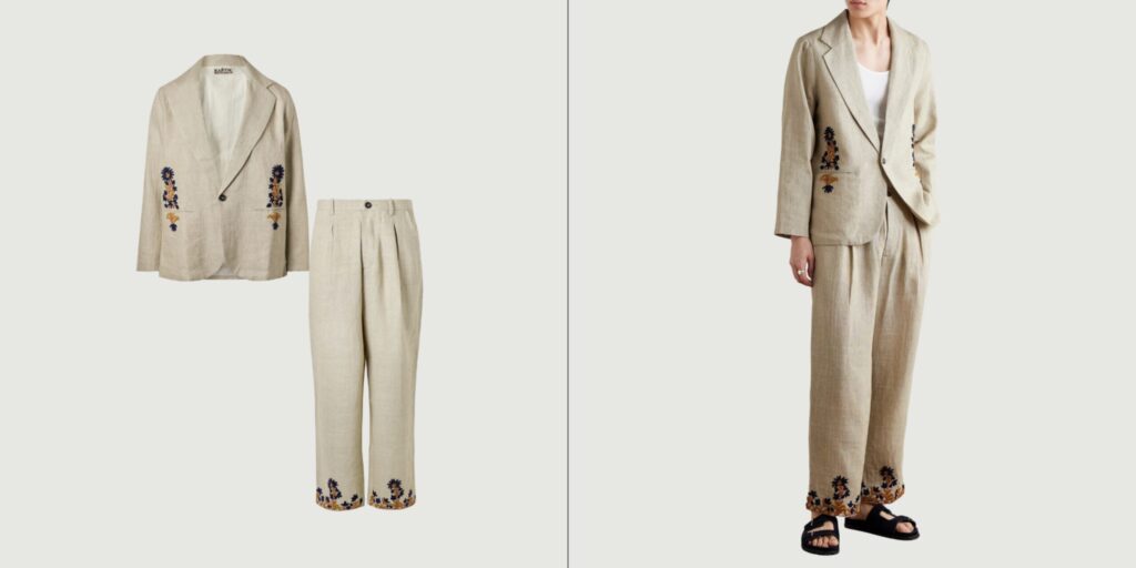 An embroidered white linen blazer and linen trousers combo. Great mens linen suits for fashion-forward weddings