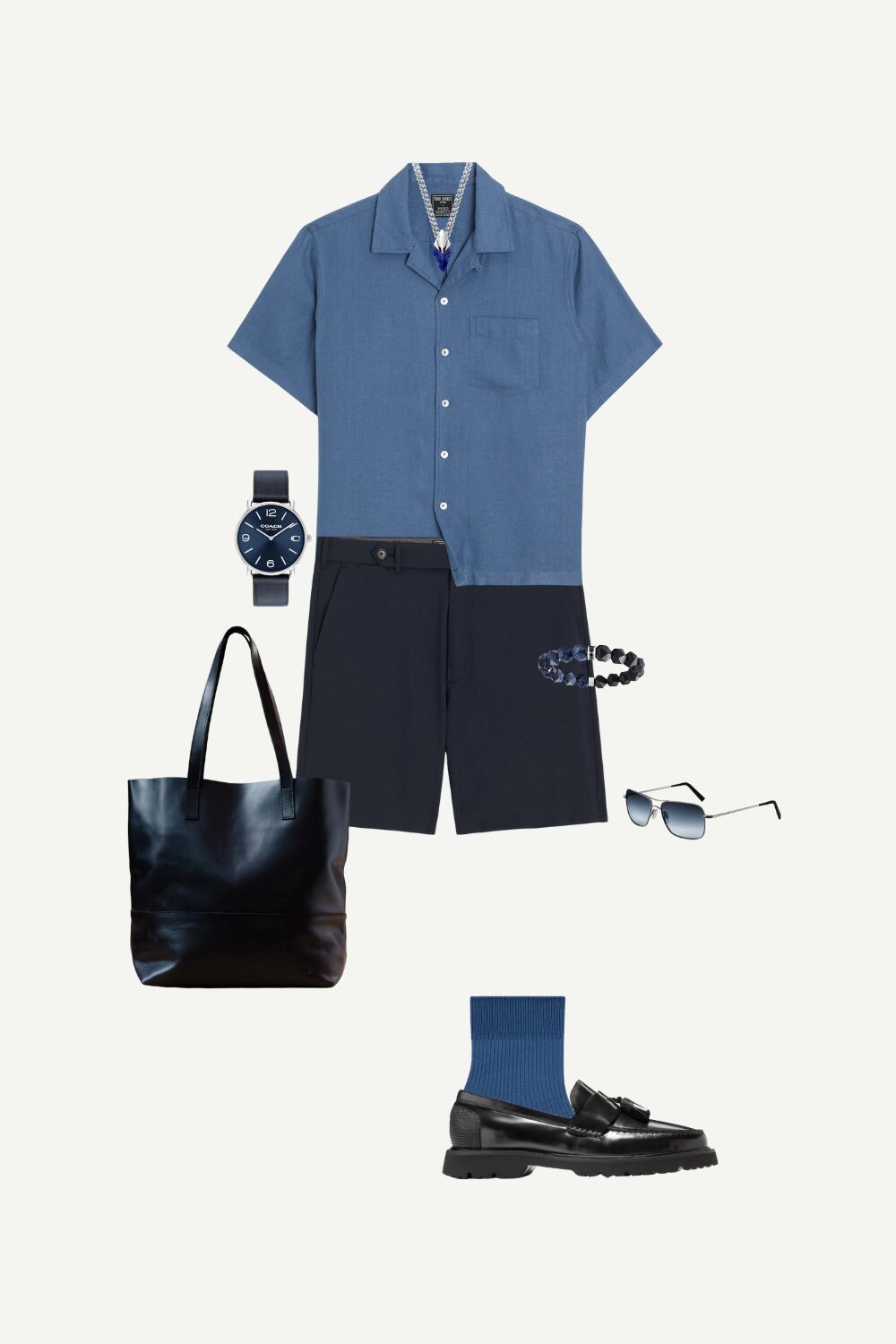 Smart casual summer streetwear outfit for men featuring a blue linen camp collar shirt, wool shorts, tassel loafers, and stylish accessories.