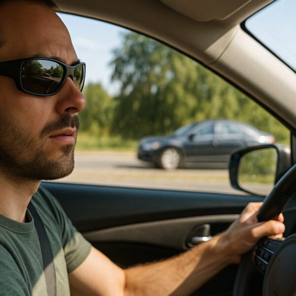 A man is driving down the road, wearing a pair of sunglasses with polarized lenses for driving