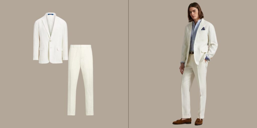 White linen suit for men from Ralph Lauren, classic summer suit with modern tailoring perfect for beach weddings or parties.