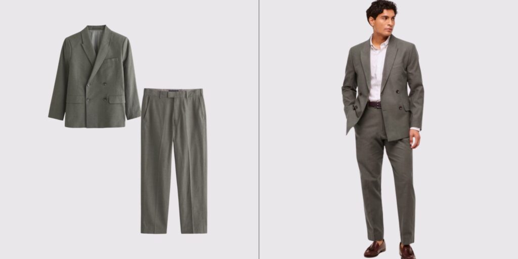 The A&F Collins Double Breasted Suits for men. Green linen suit. Great mens linen suits for weddings. Business casual events and smart casual occasions