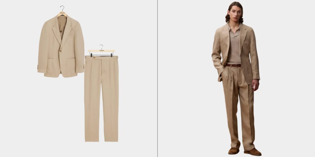 Italian linen suit for men in tan, designed by Todd Snyder, ideal for smart summer business or casual formal events.