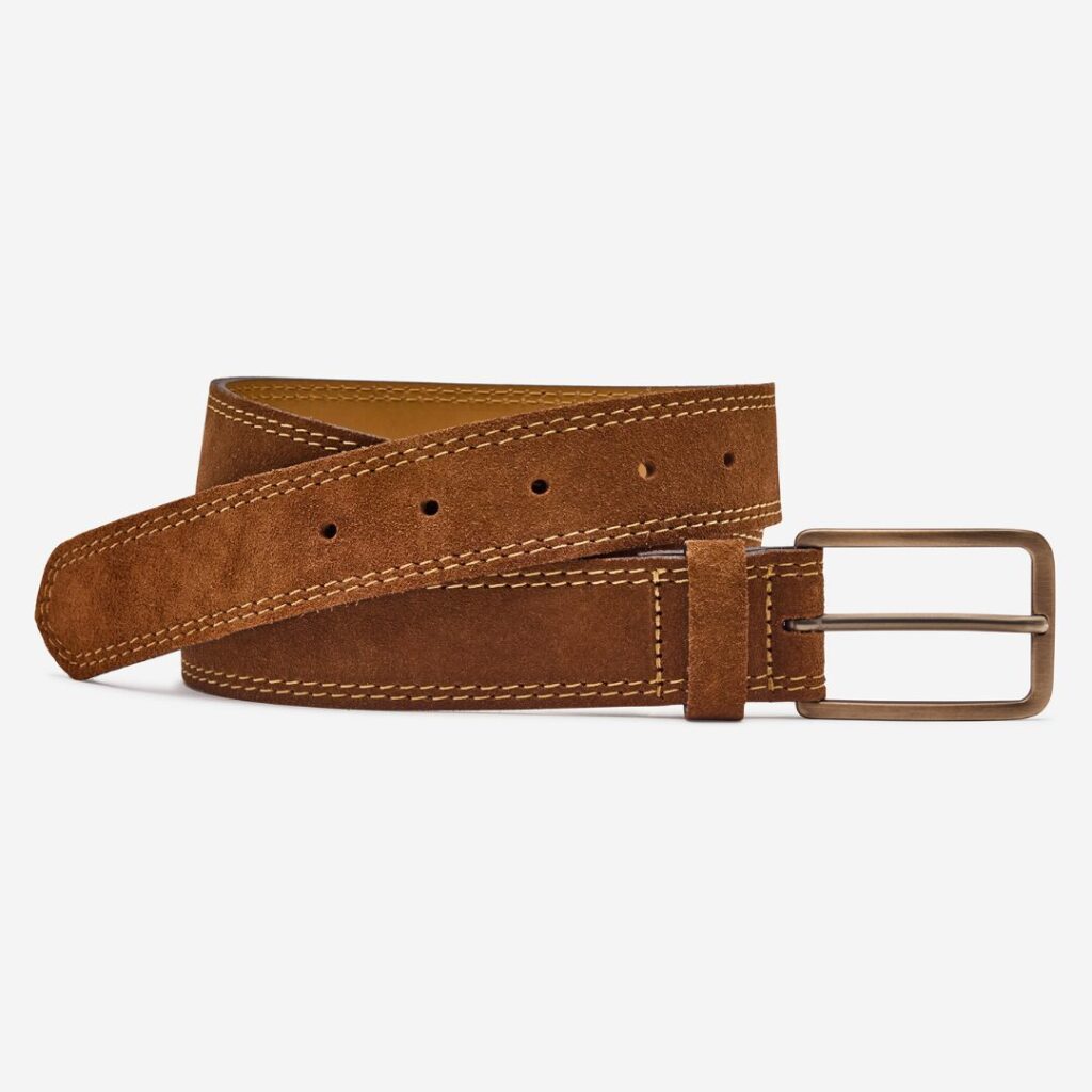 Johnston & Murphy men’s suede belt in classic brown with brushed silver buckle