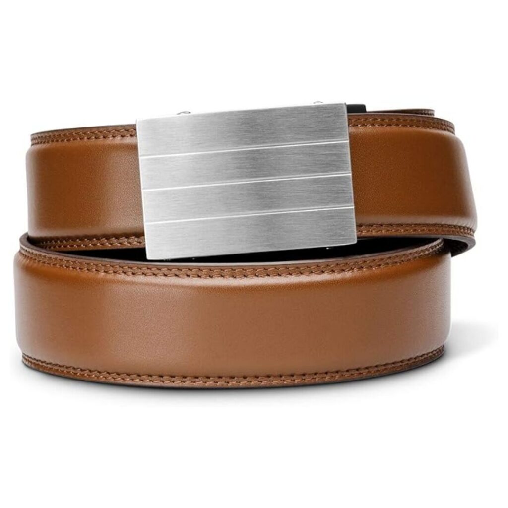 KORE Men’s ratchet belt in full-grain leather with micro-adjustable track system