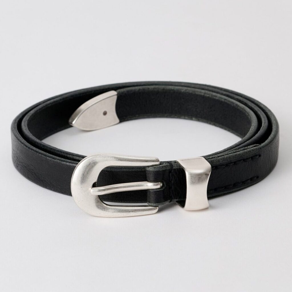 Our Legacy thin black leather belt with silver buckle and narrow 2cm width