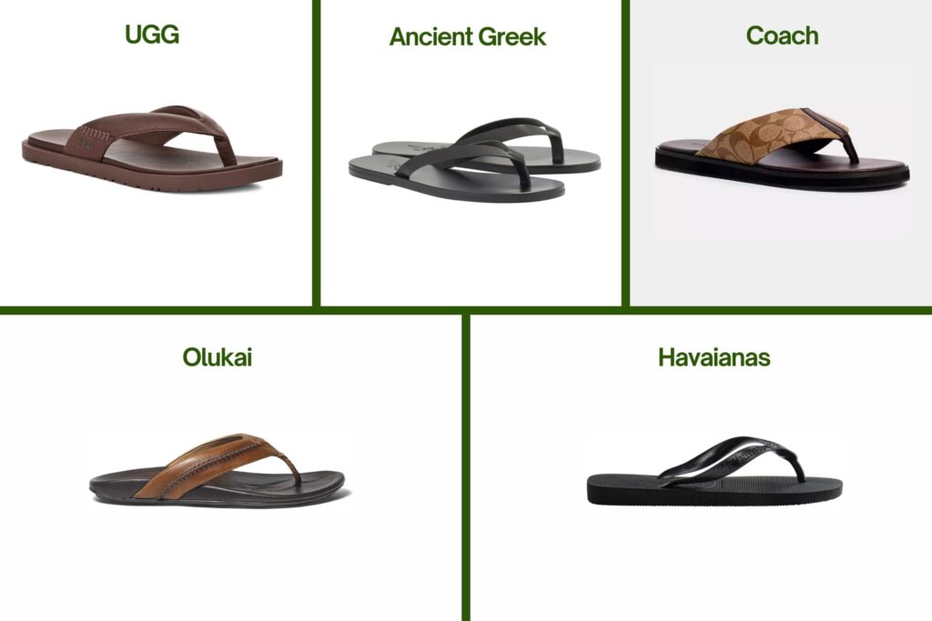 Flip flops on display: Havaianas Top, OluKai Mea Ola, UGG Seaside II, Coach Canvas, and Ancient Greek Solon.