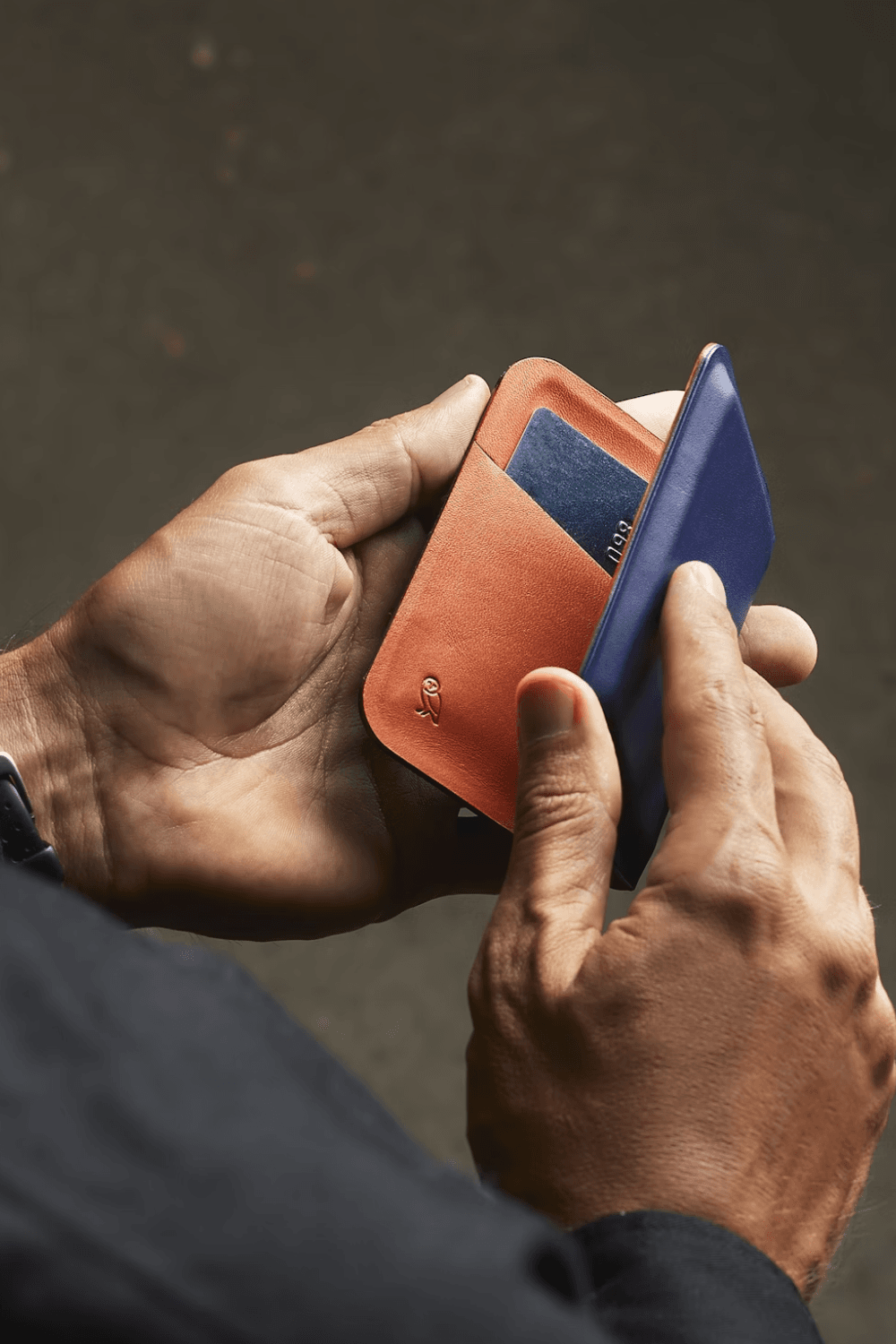 Indigo Bellroy Apex Slim Sleeve RFID Wallet in hand